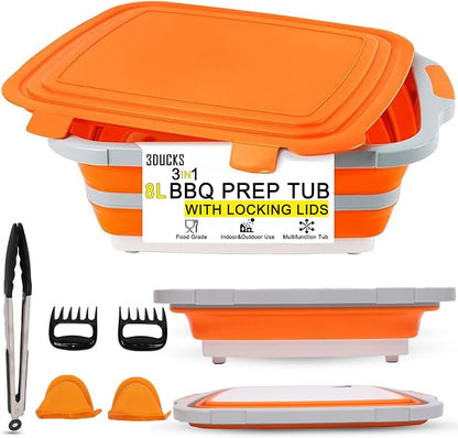 Collapsible BBQ Prep Tub 8L Orange | Portable Meat Marinating Container by Unknown