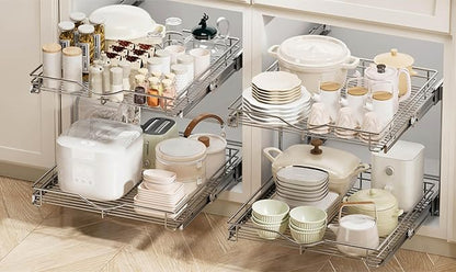 DINDON 2 Tier Pull Out Cabinet Organizer, Double Tier Wire Basket Slide Out - Image 8