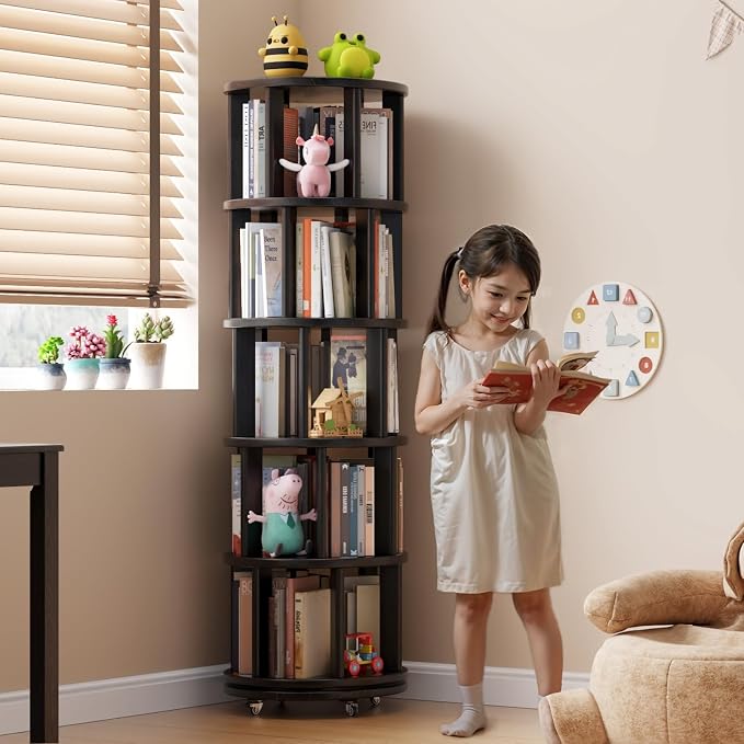 Solid Wood Rotating Bookshelf on Wheels, 5 Tier, Round Revolving Bookcase - Image 3