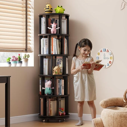 Solid Wood Rotating Bookshelf on Wheels, 5 Tier, Round Revolving Bookcase - Image 3