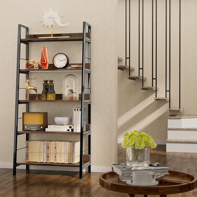 Himimi Ladder Bookshelf, 5 Shelf Bookcase Industrial Bookshelf Wood and Metal - Image 9