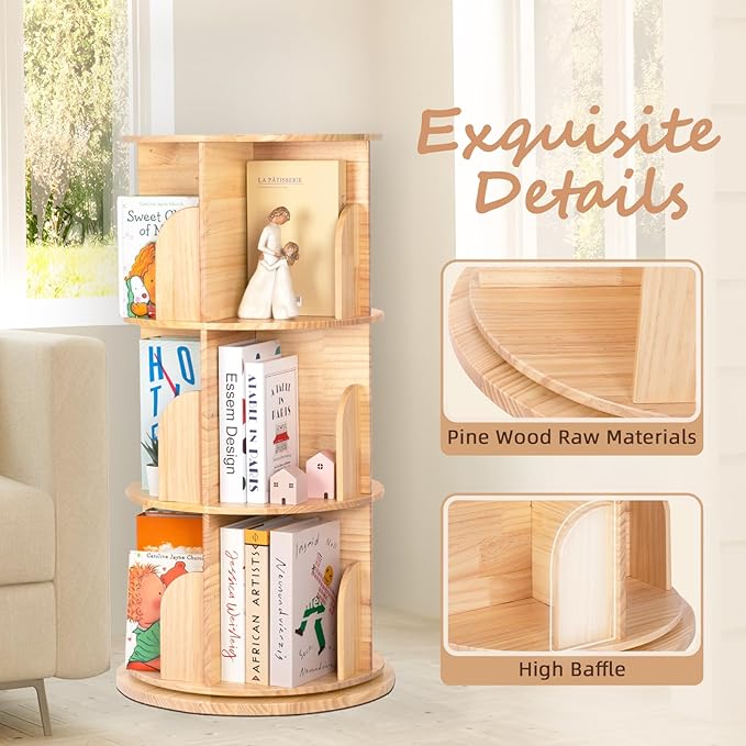 OOOK 3 Tier Rotating Bookshelf Tower, Solid Wood Kids Bookshelf | Large Chassis - Image 4