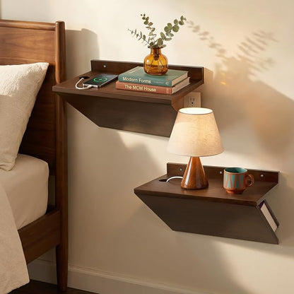 Floating Nightstands Set of 2, Wall Mounted Night Stand Walnut Wooden Bedside by Petrala