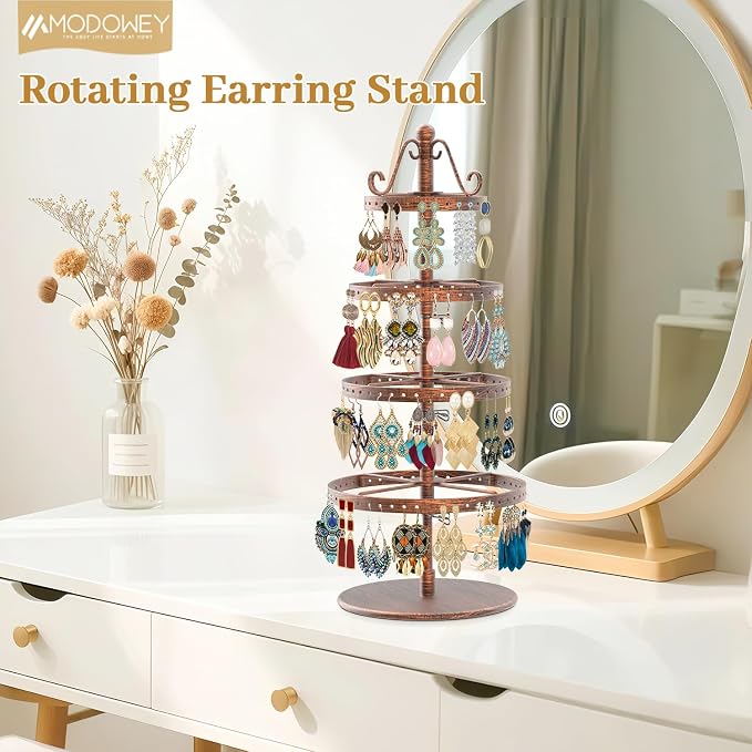 MODOWEY Rotating Earring Holder Organizer Stand, 4 Tier Adjustable Metal - Image 2