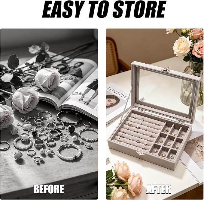 Small Velvet Jewelry Tray with Clear Lid, 2-in-1 Gray | Lockable Ring Earring - Image 5