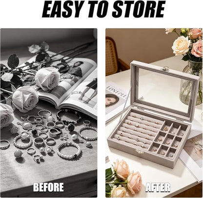 Small Velvet Jewelry Tray with Clear Lid, 2-in-1 Gray | Lockable Ring Earring - Image 5
