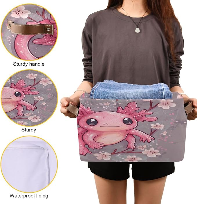Cute Pink Axolotl with Cherry Blossoms Storage Bins Box Foldable Shelf Basket - Image 7