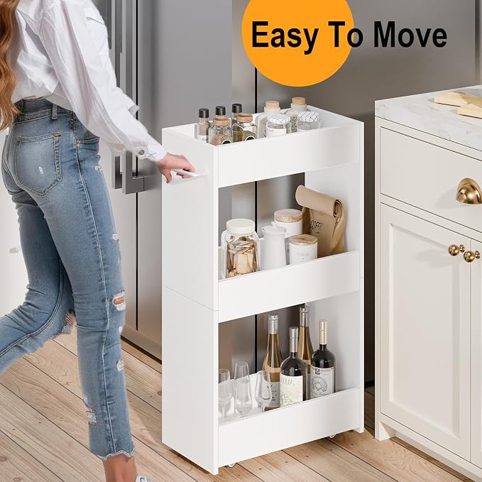 MARTY Wood Rolling Storage Cart 7.9" W, 3 Tier White Slim Utility Kitchen Cart - Image 2