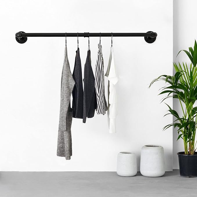 54” Wall Mounted Clothes Rack, Industrial Pipe Black Iron Garment Bar, - Image 7