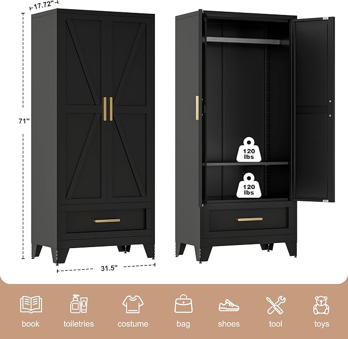 71" Tall Metal Wardrobe Cabinet - Image 3