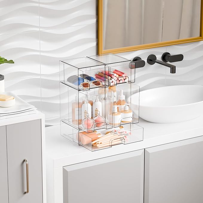 Yieach 5 Set Clear Stackable Storage Drawers and Acrylic Drawer Organizer - Image 8