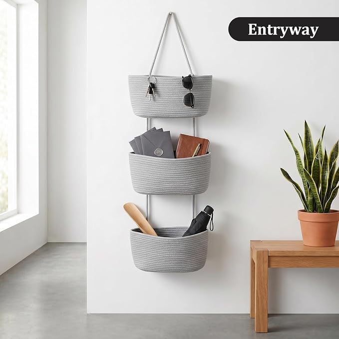 TeoKJ Over the Door Hanging Basket, 3-Tier Woven Cotton Wall-Mounted Storage - Image 8