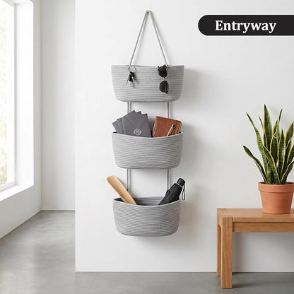 TeoKJ Over the Door Hanging Basket, 3-Tier Woven Cotton Wall-Mounted Storage - Image 8