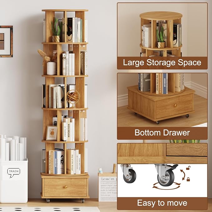 5-Tier Rotating Bookshelf with Drawers on Wheels, 360° Spinning Corner Bookcase - Image 5