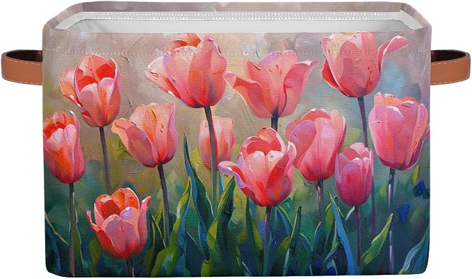 Basket Storage Bins Pink Painting Tulips Flower Rectangle Cube Basket Box Kids by Pardick