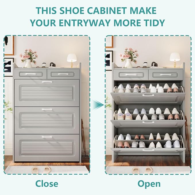 Shoe Cabinet with 3 Large Flip Drawers and 2 Storage Drawers, Narrow Shoe - Image 5