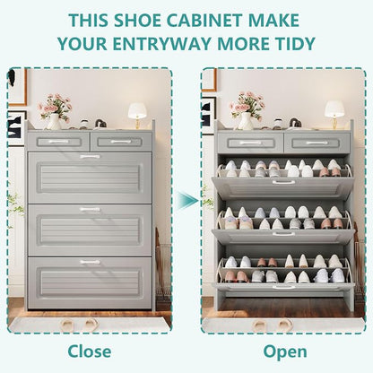 Shoe Cabinet with 3 Large Flip Drawers and 2 Storage Drawers, Narrow Shoe - Image 5