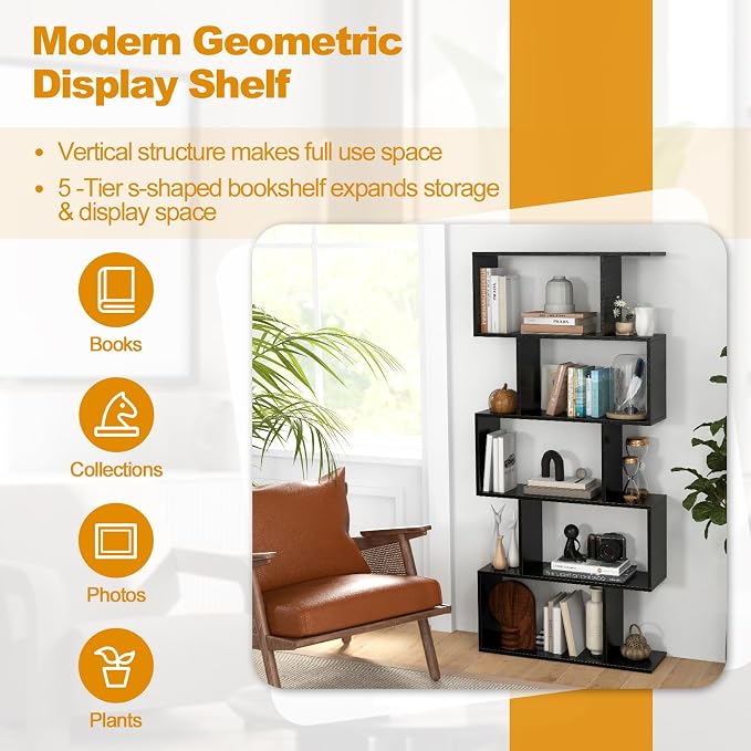 5-Tier Geometric Bookcase, 62.5” Freestanding Room Divider Bookshelf - Image 8
