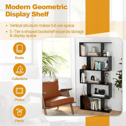 5-Tier Geometric Bookcase, 62.5” Freestanding Room Divider Bookshelf - Image 8