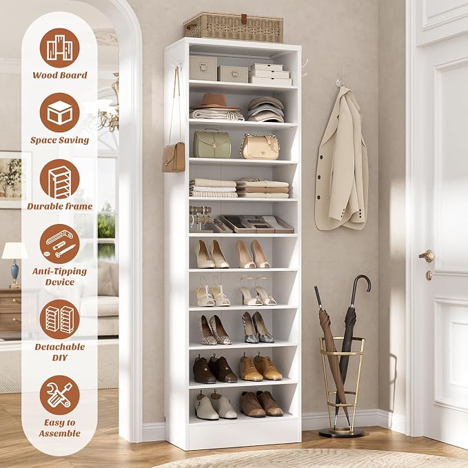 Aheaplus Tall Shoe Cabinet, 10 Tiers Narrow Wood Shoe Rack, Shoe Storage - Image 3
