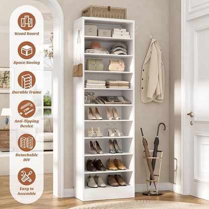 Aheaplus Tall Shoe Cabinet, 10 Tiers Narrow Wood Shoe Rack, Shoe Storage - Image 3