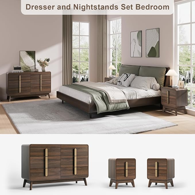 Mid Century Modern Bedroom Set, 6 Drawer Dresser and Nightstand Sets - Image 5