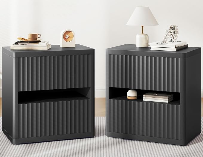 Dripex Fluted Nightstand with 2 Drawers, Large Wide Wood Night Stand Bedside by Dripex