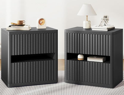 Dripex Fluted Nightstand with 2 Drawers, Large Wide Wood Night Stand Bedside by Dripex