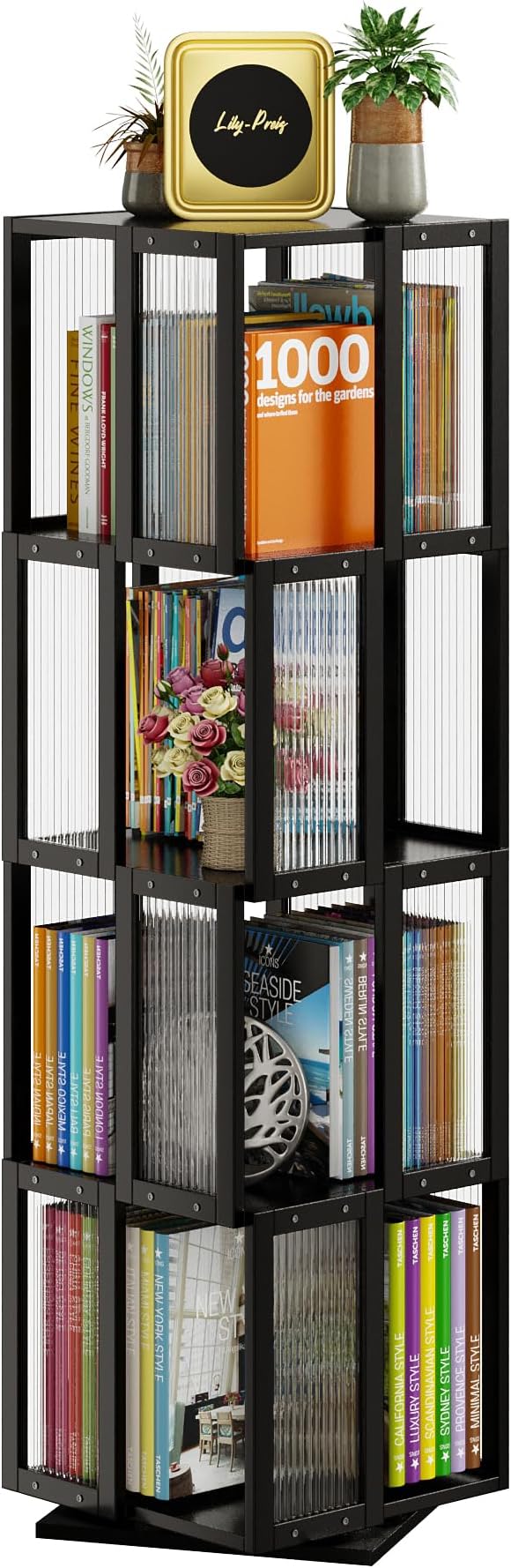 BAMEOS Rotating Bookshelf Tower 4 Tier, 360 Spinning Bookcase by BAMEOS