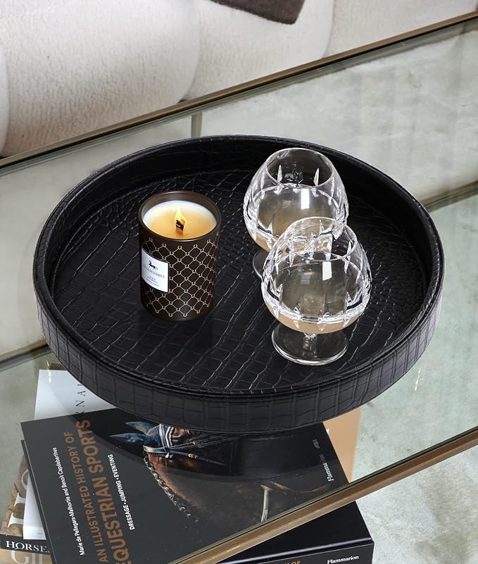 HofferRuffer Faux Leather Round Serving Tray, Vegan Croco Leather Decorative - Image 4
