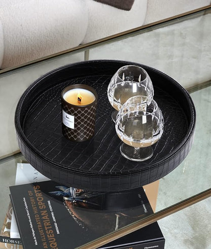 HofferRuffer Faux Leather Round Serving Tray, Vegan Croco Leather Decorative - Image 4