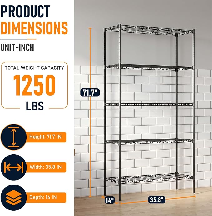 FDW | 5-Tier Wire Shelf | 36" x 14" x 72" | Black | Storage Shelves - Image 3