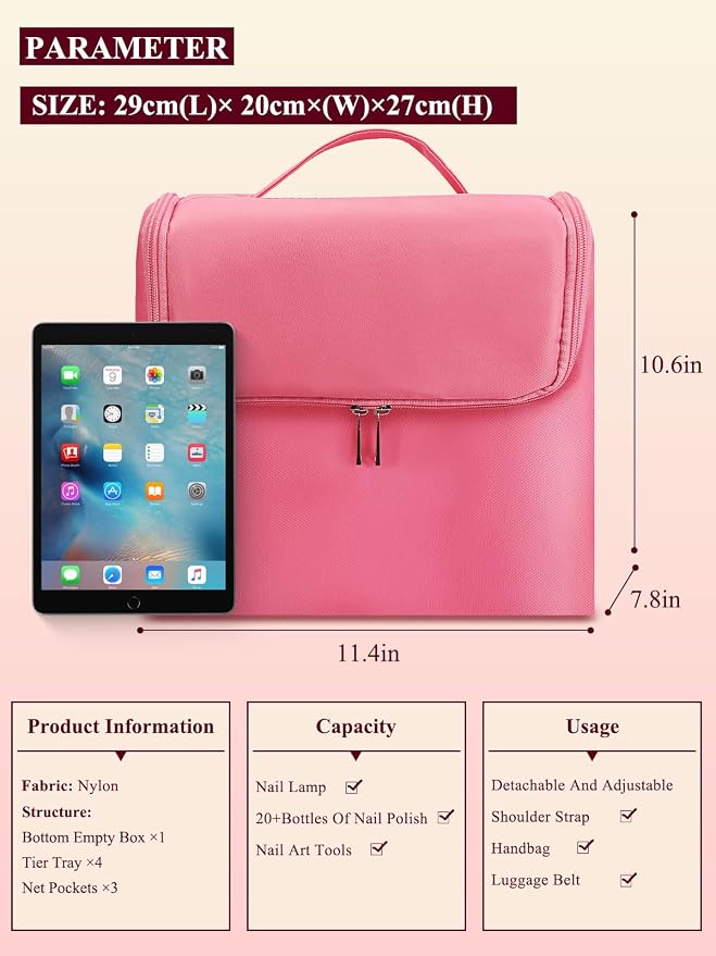 Deciniee Large Pink Makeup Nail Polish Organizer Bag, 4 Tier Professional - Image 6