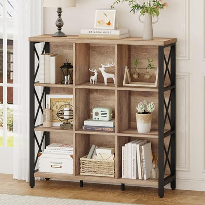 FATORRI 9 Cube Storage Bookshelf, 4 Shelf Book Shelf, Farmhouse Wood and Metal by FATORRI