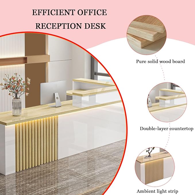 Receptionist Desk with LED Light，Wooden Salon Checkout Counter with Storage - Image 4