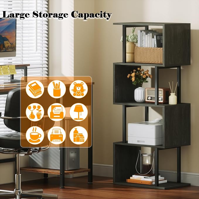 Furologee Geometric Bookshelf 5 Tier Bookcase, Industrial S-Shaped Display - Image 4