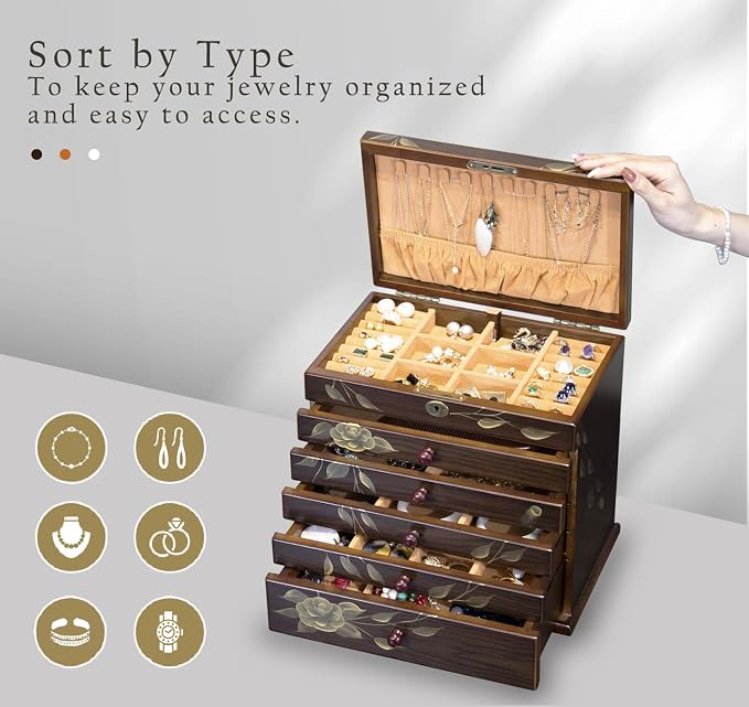 Hand-painted Wooden Jewelry Box, 7 Layer Jewelry Organizer, Vintage Wooden - Image 3