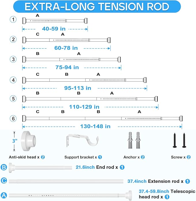 Tension Curtain Rod White Tension Rod 40 to 148 Inch Spring Curtain Rods Non - Image 7