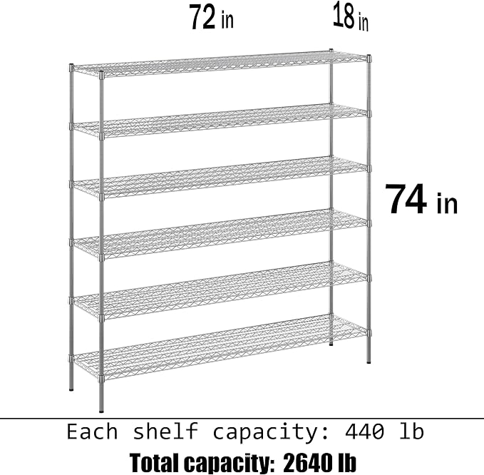 18" Deep x 72" Wide x 74" Height Wire Shelving Kit | 6-Tier | NSF Commercial - Image 3