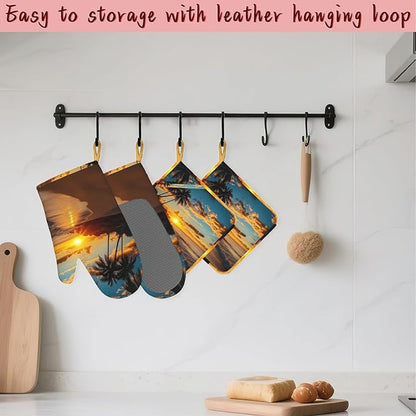 Tropical Palm Oven Mitts and Pot Holders, Sunset Trees Sea Beach Heat Resistant - Image 5