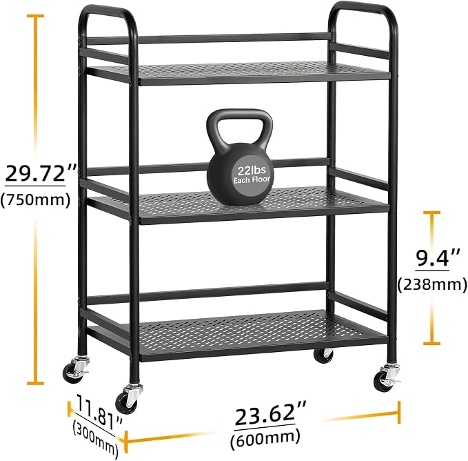 HDANI 3 Tier Metal Rolling Heavy Cart Supports 40 Lbs Per Tier, Mesh Rolling - Image 2