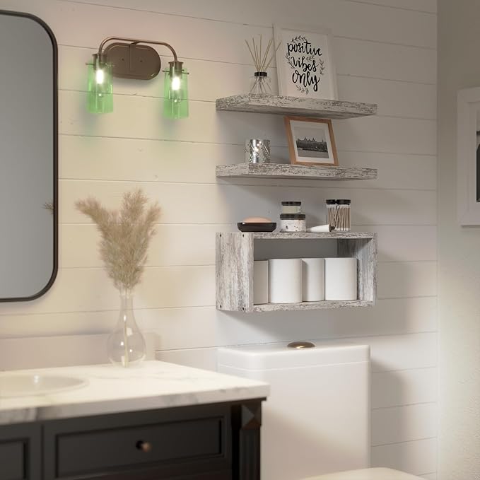 RICHER HOUSE 3-Set Rustic White Floating Shelf, Bathroom Shelf Over Toilet | - Image 5