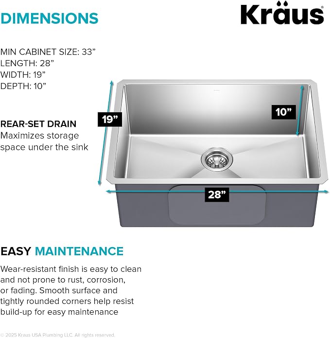 KRAUS Standart PRO 28-inch 16 Gauge Undermount Single Bowl Stainless Steel - Image 6