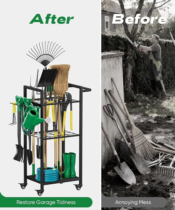 Garden Tool Organizer with Wheels, Heavy Duty 3 Tier Metal Yard Tool Storage - Image 7
