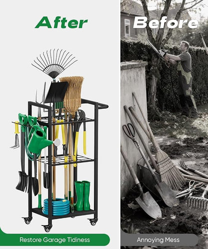 Garden Tool Organizer with Wheels, Heavy Duty 3 Tier Metal Yard Tool Storage - Image 7