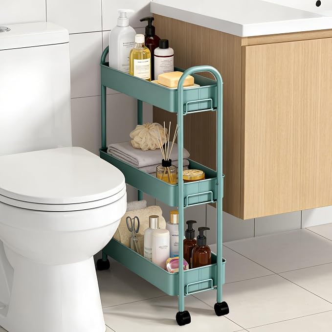 Slim Rolling Cart, Metal Frame Utility Rolling 3-Tier Narrow Storage Cart | - Image 4