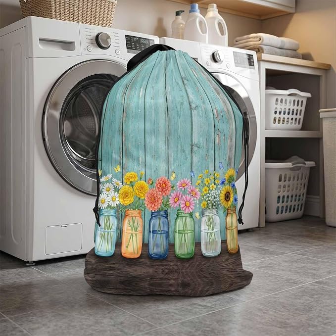 Spring XL Laundry Bag Flower in Bottle Butterfly Vintage Wood Grain Machine - Image 6