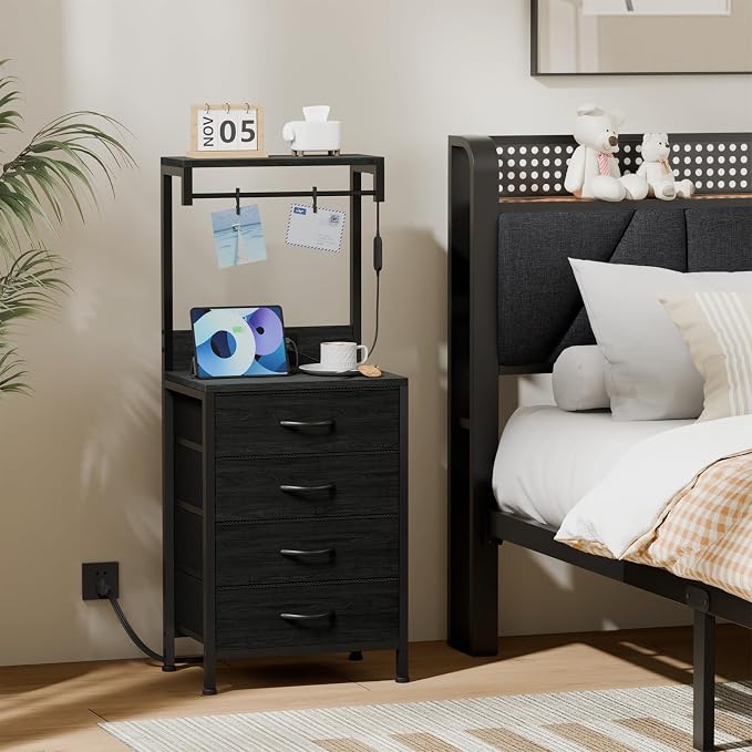 Furnulem Tall Nightstand with Charging Station, Night Stands with LED Lights - Image 2