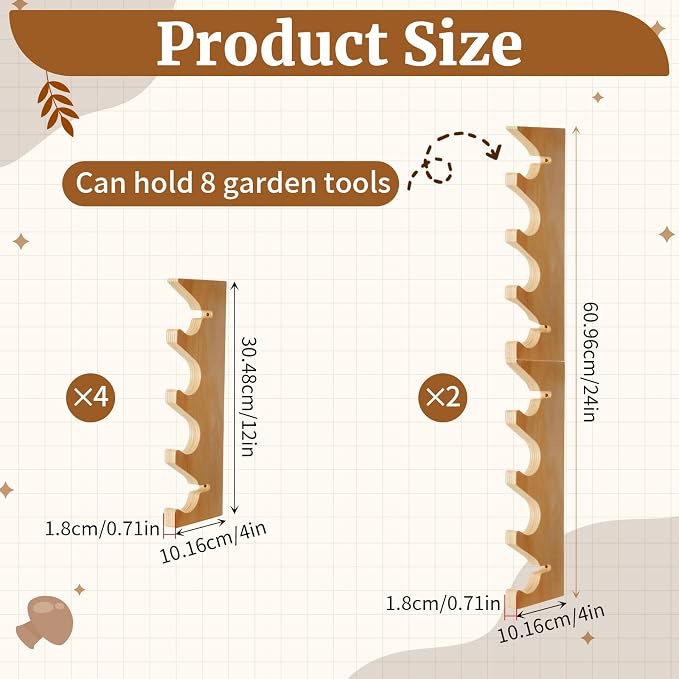 Beeveer 2 Pairs Pine Wood Garden Tool Organizer Wall Mount Garage Shed Yard - Image 2