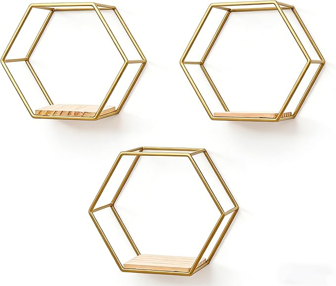 Gold Hexagon Floating Wall Shelves 3 Pack | Geometric Shelving - Image 5